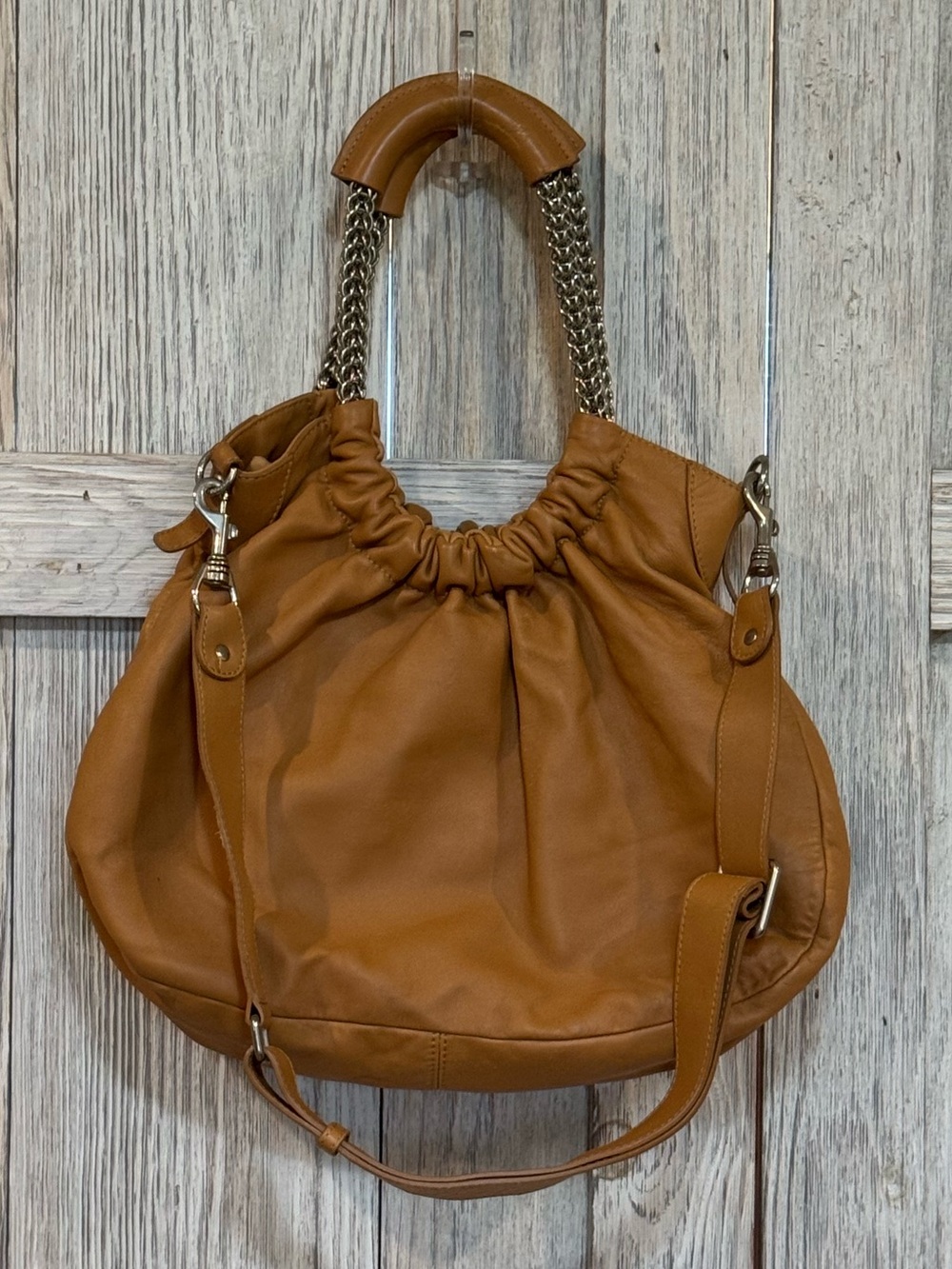Stuart Weitzman Cognac Leather Ruched Shoulder Bag with Chain Handles